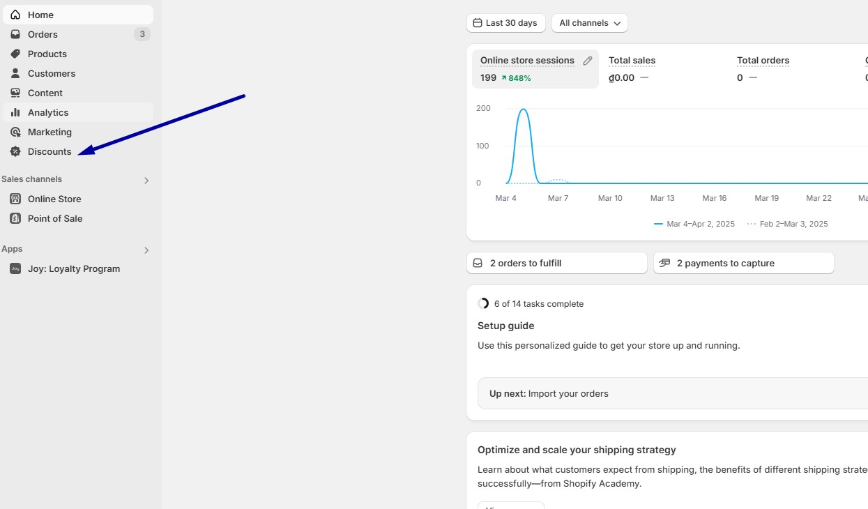 From Your Shopify Admin: Navigate to Discounts.​
